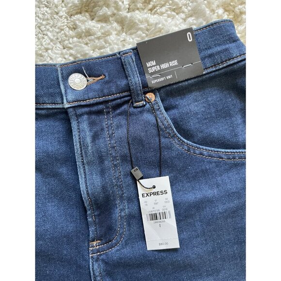 Express Mom Super High Rise Denim Cutoff Shorts Supersoft Knit NWT Size 0 - Picture 2 of 5